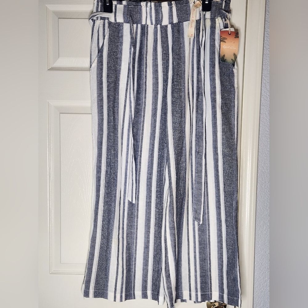 NWT April Kiss XL Striped White Gray Pockets LINEN Blend Wide Legs Women’s Pants
